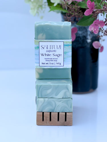 White sage sheep milk soap.  Green and white swirled soap bar.